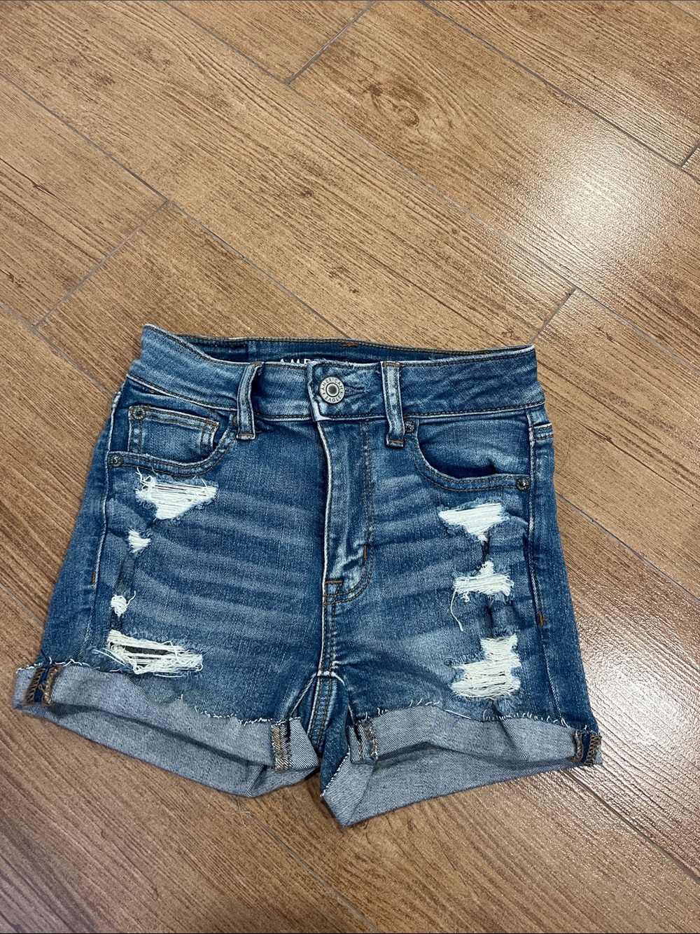 American Eagle Outfitters Distressed Dark Blue Roll-Cuff Denim Shorts